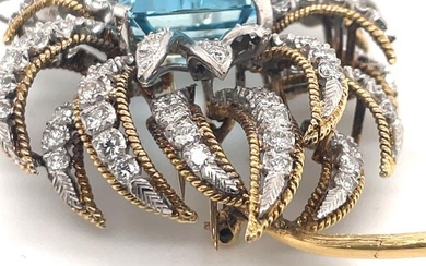 Oversized Aquamarine Diamond Floral Pin 44.50 Carats 18 Karat Yellow Gold