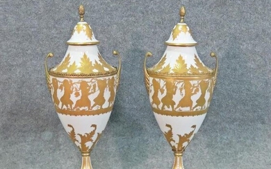 PAIR CLASSICAL STYLE PORCELAIN COVERED URNS