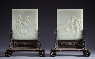PAIR FINE CHINESE CARVED WHITE JADE TABLE SCREENS