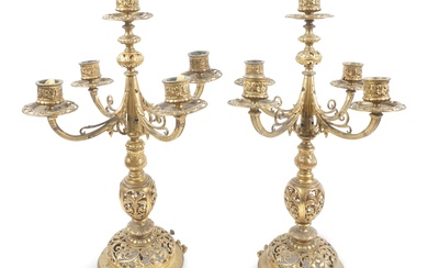 PAIR OF GILT-METAL FIVE-LIGHT CANDELABRA, NOW ELECTRIFIED Height: 17 in. (43.2 cm.)