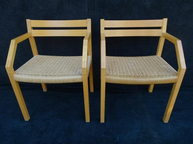 PAIR OF J.L. MOLLER SIGNED DANISH MODERN CHAIRS WOVEN SEAT