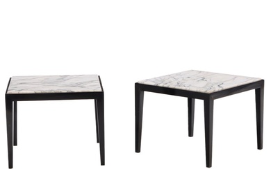 PAIR SQUARE EBONIZED END TABLES WITH MARBLE TOPS C 1960.