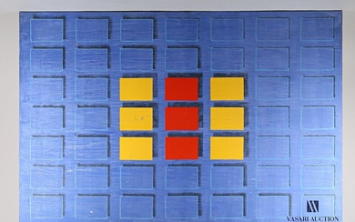 PASSANITI Francesco (né en 1952) Composition aux carreaux bleus, rouges et jaunes Huile sur toile...