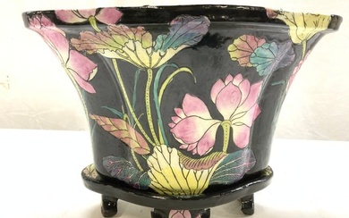 Painted Asian Porcelain Planter w Footed Base, 2