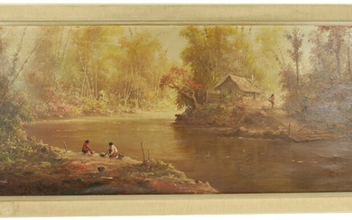 Paintings, engravings, etc. - Basar (1901-1990), Indonesian river landscape with figures, oil on canvas, signed - 60 x 145 cm, canvas damaged