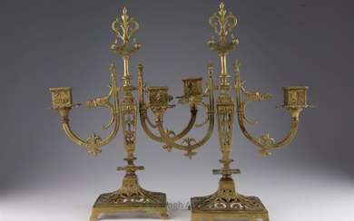 Pair Antique Aesthetic Movement Brass Candelabras
