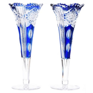 Pair Blue Cut to Clear Trumpet Vases