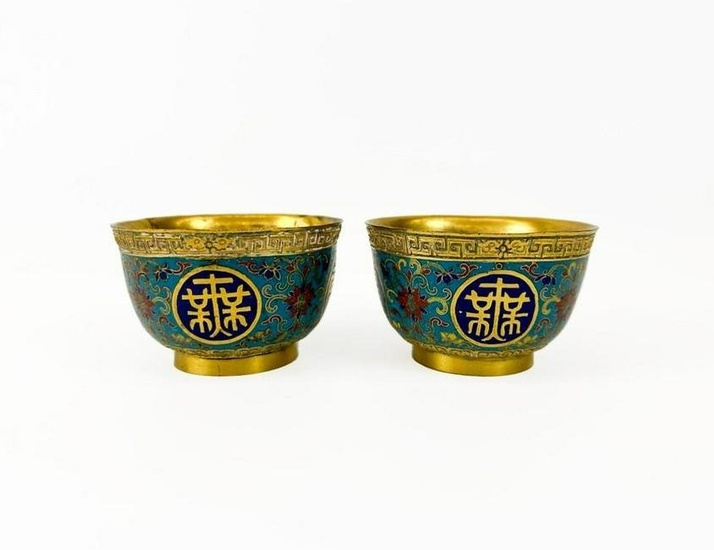 Pair Chinese Cast Bronze Cloisonne Bowls