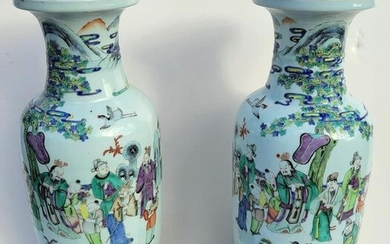 Pair Chinese Qing Tall Famille Verte Vase Lamps