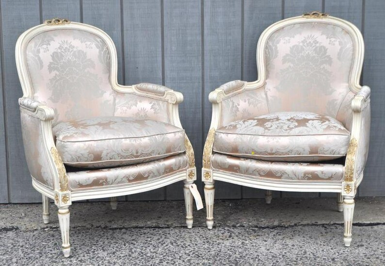 Pair French Painted Bergere Arm Chairs