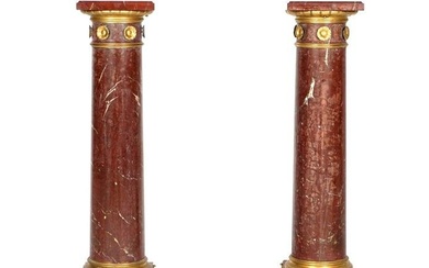 Pair French Rouge Marble Gilt Bronze Pedestals
