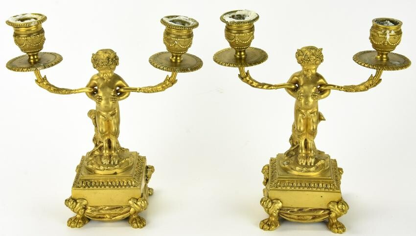 Pair Gilded Bronze Candlesticks w Young Fauns