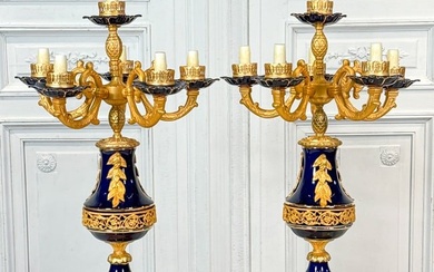 Pair Louis XVI Style Gilt And Cobalt Table Lamps