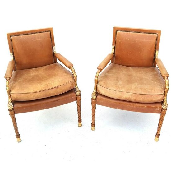 Pair Neoclassic Parcel Gilt Birch Wood Arm Chairs