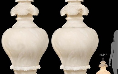 Pair Of Large 19th C. French Carved Alabaster Lamps