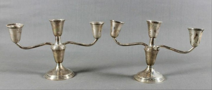 Pair Of Sterling Weighted 3 Arm Candelabras