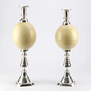 Pair Ostrich Eggs mounted in matching white metal Candlesticks - Struthio camelus- 42×13×13 cm