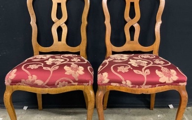 Pair Vintage Carved Wood Floral Upholstery Chairs