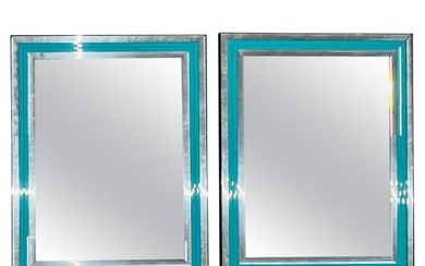 Pair of Art Deco Wall, Mantle or Console Mirrors with Turquoise Beveled Frames