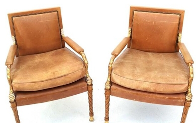 Pair of Neoclassic Parcel Gilt Birch Arm Chairs