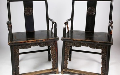 Pair of Chinese Carved Elm Armchairs, 19th Century