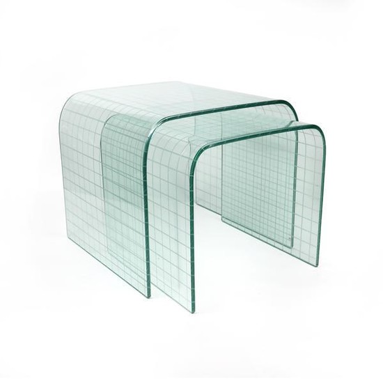 Pair of Etched Glass Waterfall Tables by Angelo Cortesi