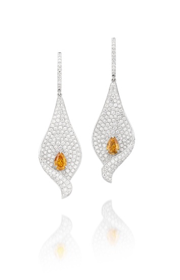 Pair of Fancy Vivid Yellowish Orange Diamond and Diamond Ear Pendants