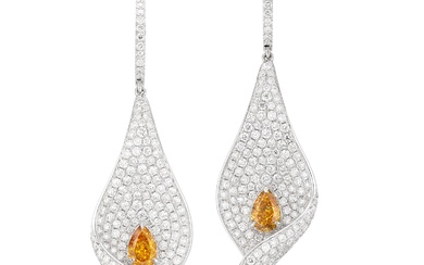 Pair of Fancy Vivid Yellowish Orange Diamond and Diamond Ear Pendants