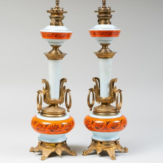 Pair of French Gilt-Metal-Mounted Enameled Opaline