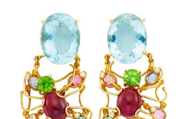 Pair of Gold, Gem-Set and Diamond Spider Pendant Earrings, Laura Munder