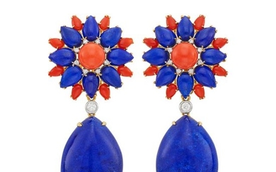 Pair of Gold, Lapis, Coral and Diamond Pendant-Earclips