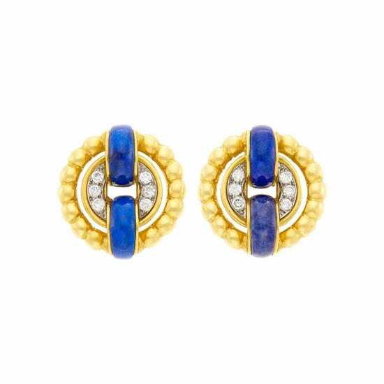 Pair of Gold, Lapis and Diamond Earclips