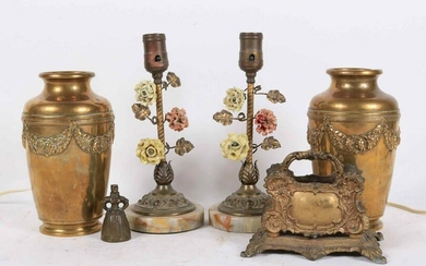 Pair of Porcelain Flower & Gilt-Metal Table Lamps