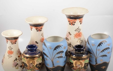 Pair of Satsuma vases, three modern Chinese vases and a pair of Staffordshire vases