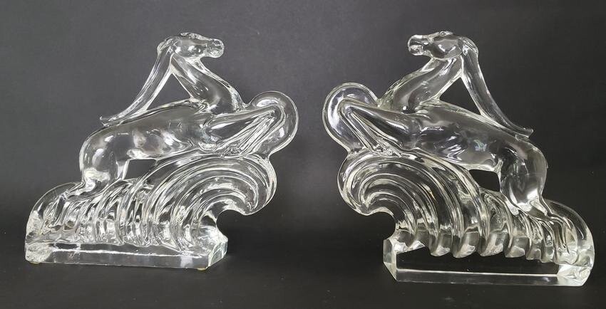 Pair of Sidney Waugh Steuben Clear Crystal Gazelles