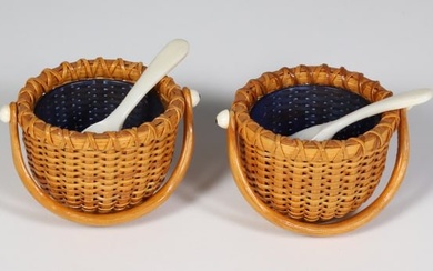 Pair of Signed Paul Willer Nantucket Basket Salt Cellars with Cobalt Glass Inserts and Spoons