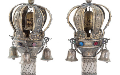 Pair of Torah Finials – Crowns and Lions – Donated by Joseph Levy and His Wife Guttel Née Eisenmann – Haguenau, Alsace Region, Germany, 1890