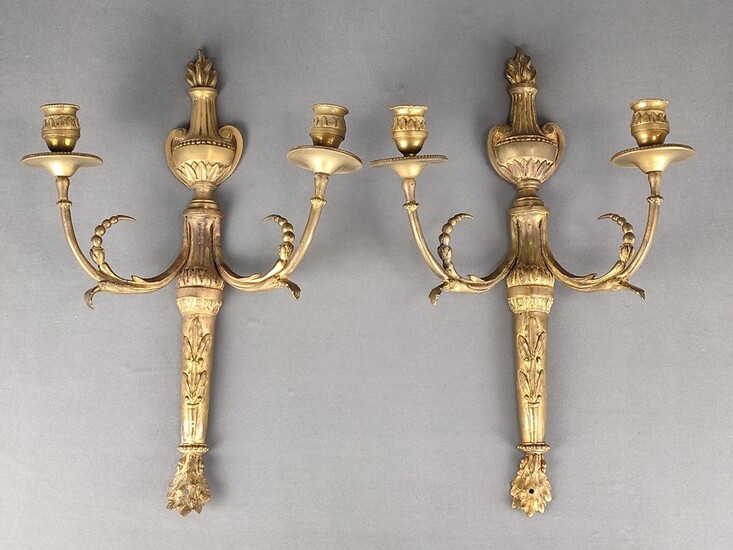 Pair of appliques / appliqués, two-armed, shaft decorated with leaf motifs, vase finials, curved ar