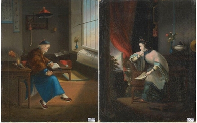 Pair of oils on canvas pasted on canvas "Man reading" and the "Concubine". Anonymous. Canton school. Period: 19th century. Size: 43,5x34,5cm.