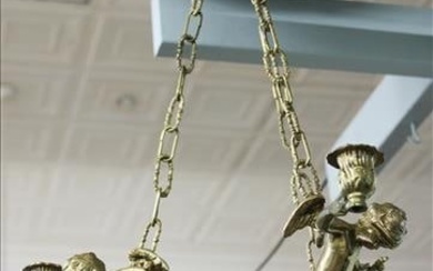 Pair of solid brass 3 light chandeliers with angel figures, 22 x 16