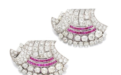Pair of ruby and diamond double clips/bangle combination