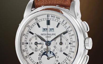 Patek Philippe, Ref. 5970G-001 An elegant and desirable white gold perpetual calendar chronograph wristwatch with moon phases, 24-hour and leap year indicators, Certificate of Origin, and presentation box