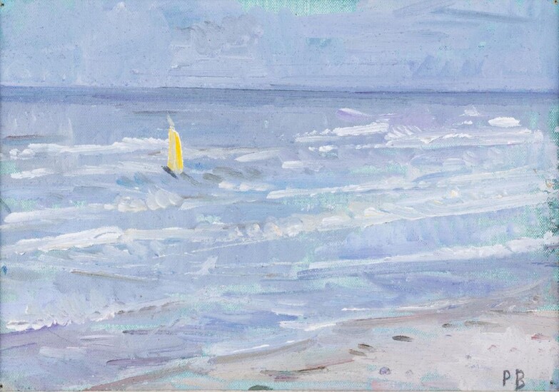 Paul Barton, British active 20th century - Seascape with boat; oil on canvas board, signed with initials lower right 'PB', 16.2 x 23.2 cm