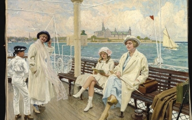 Paul Fischer: On the ferry from Helsingør. In the background Kronborg. Signed and dated Paul Fischer 1915. Oil on canvas. 58×75 cm.
