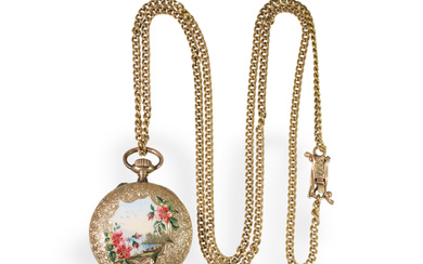 Pendant watch: extremely fine gold/enamel ladies' watch with painting and long gold chain, around 1900