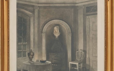 Peter Ilsted (1861-1933): Interior from Liselund, 1917. Mezzotint in colours.