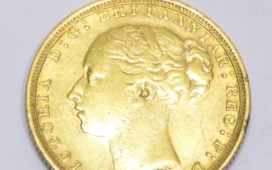Pièce en or "Souverain, Reine Victoria, jeune" datée de 1886 (Melbourne, Australie). Poids : 7g99....