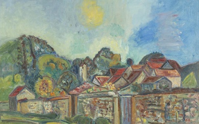 Pinchus KREMEGNE (1890-1981) "Village au grand mur", huile sur toile