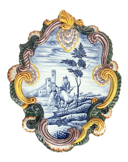 Plaque en faïence polychrome à décor de scène pastorale Travail de Delft du XIXe siècle...