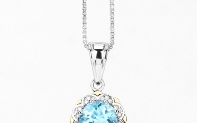 Plated Rhodium 2.25ct Blue Topaz and Diamond Pendant with Chain